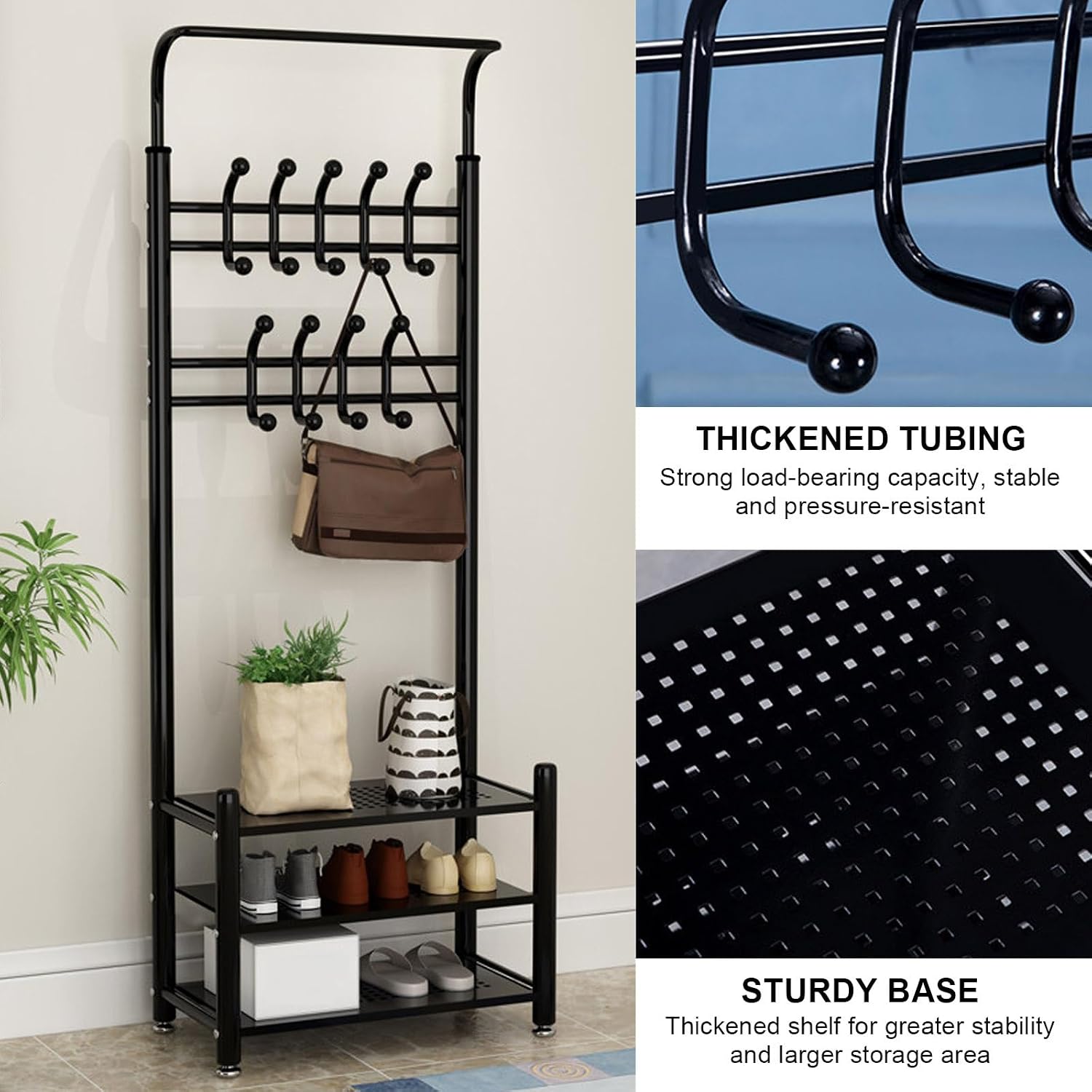 Jcgly 3-in-1 Entryway Coat Rack Shoe Bench, Multifunctional Hall Tree with Hooks and 3-Tier Storage Shelves, Metal Organizer(Black,52cm/20.5in)