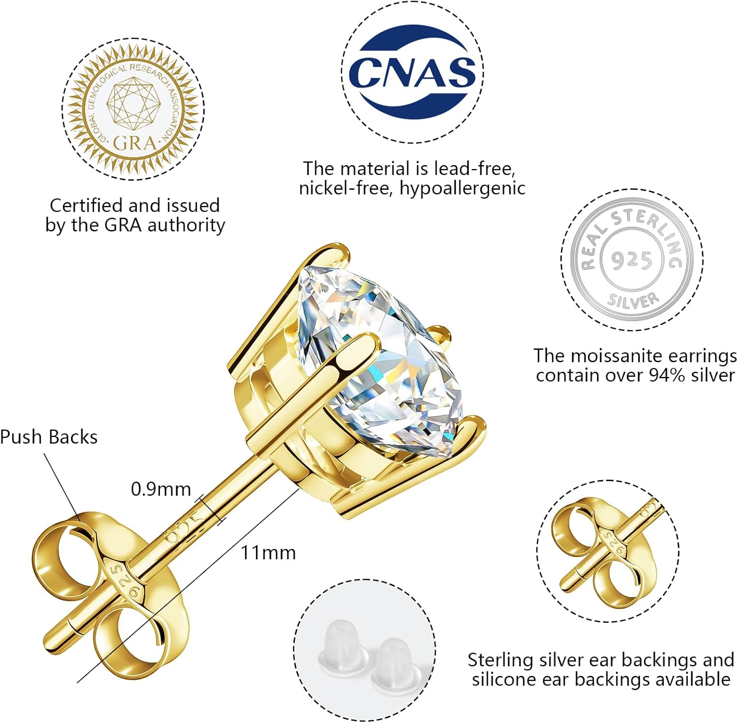 BREN Moissanite Earrings S925 Sterling Silver Imitation Diamond Earrings 18k White Gold Moissanite Earrings for Men D Color Brilliant Round Cut Moissanite Stud Earrings for Women - Image 5