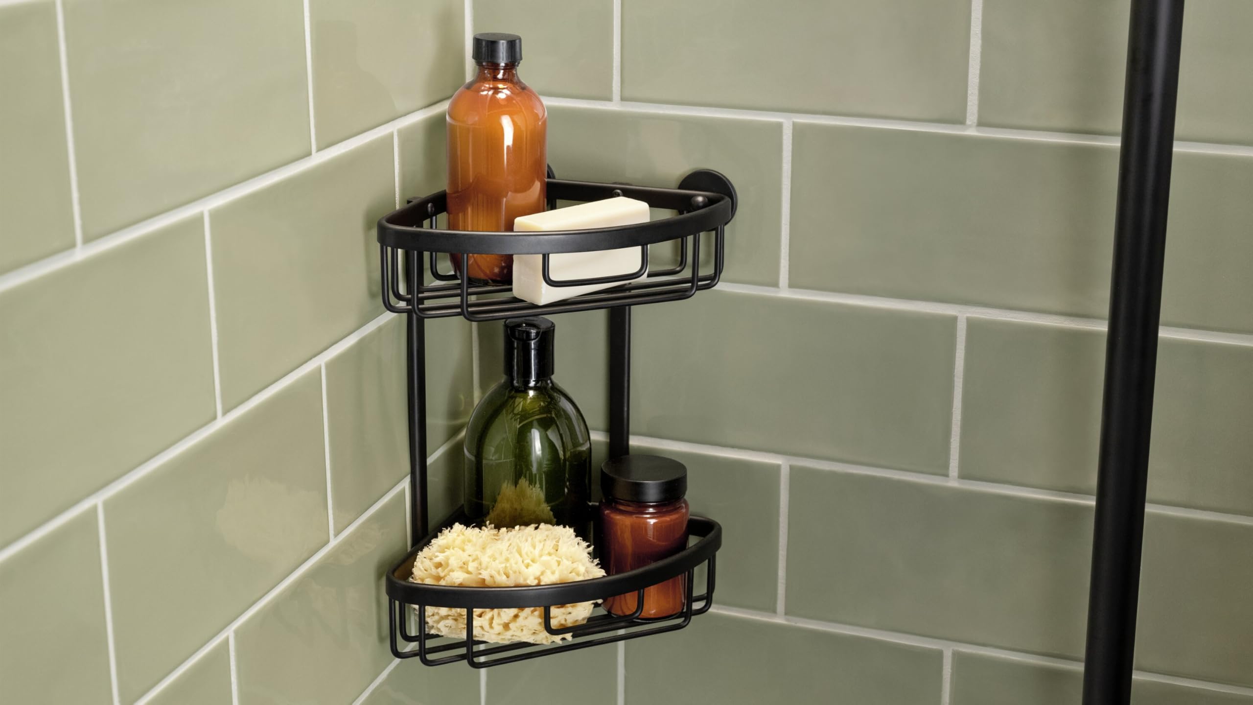 tesa ALUXX BLACK Cesta Rinconera de Ducha, Negro Mate - Dos Niveles - Baños Modernos y con Estilo Industrial - Montaje Adhesivo sin Taladrar - 262 mm x 163 mm x 163 mm