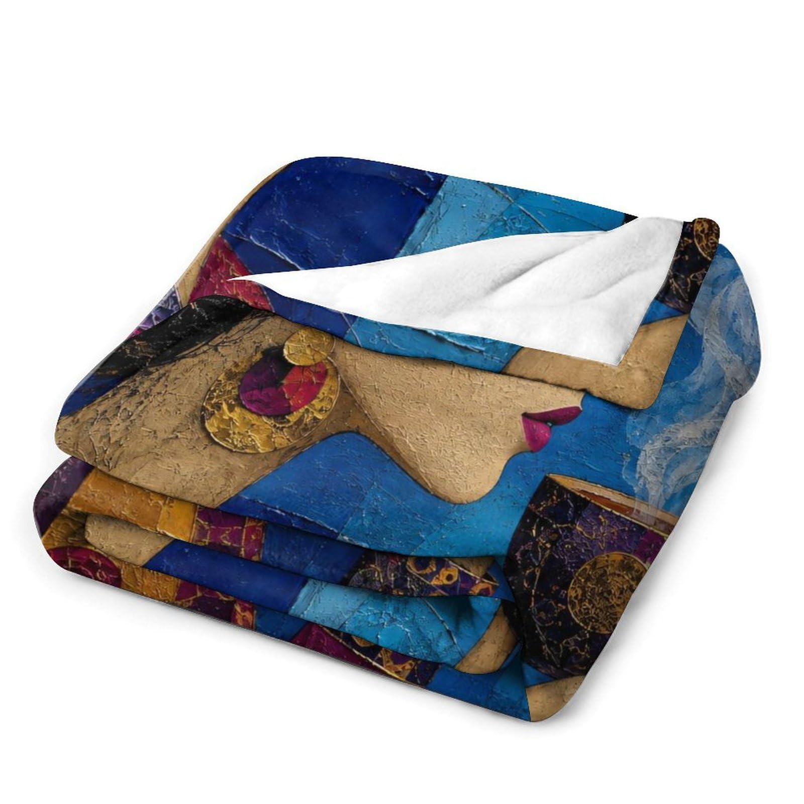 Donna con il velo viola Coperta Mosaico cubista Coperta TV Calda | coperta divano morbida con Arte del mosaico e Tazza da tè blu, per divano, letto, 175x200cm(70x80in)