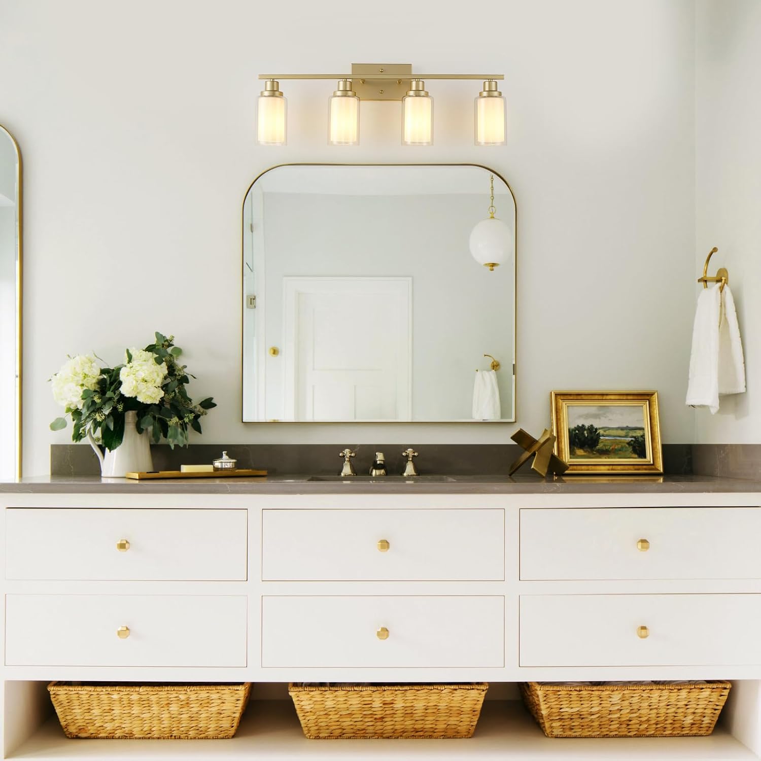 Jonsi Bathroom Vanity Light 4-Light Gold Vanity Lights 31" Bathroom Light Fixtures Over Mirror with Double Clear Glass Modern Wall Sconces for Living Room Hallway Bedroom