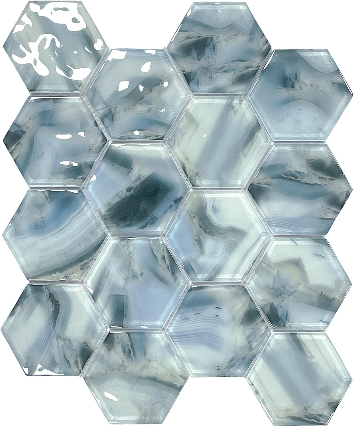 5 Sheets Ink Wash Black Hexagon Glass Mosaic,Pool Tiles,12" x 10" Kitchen Backsplash Tile