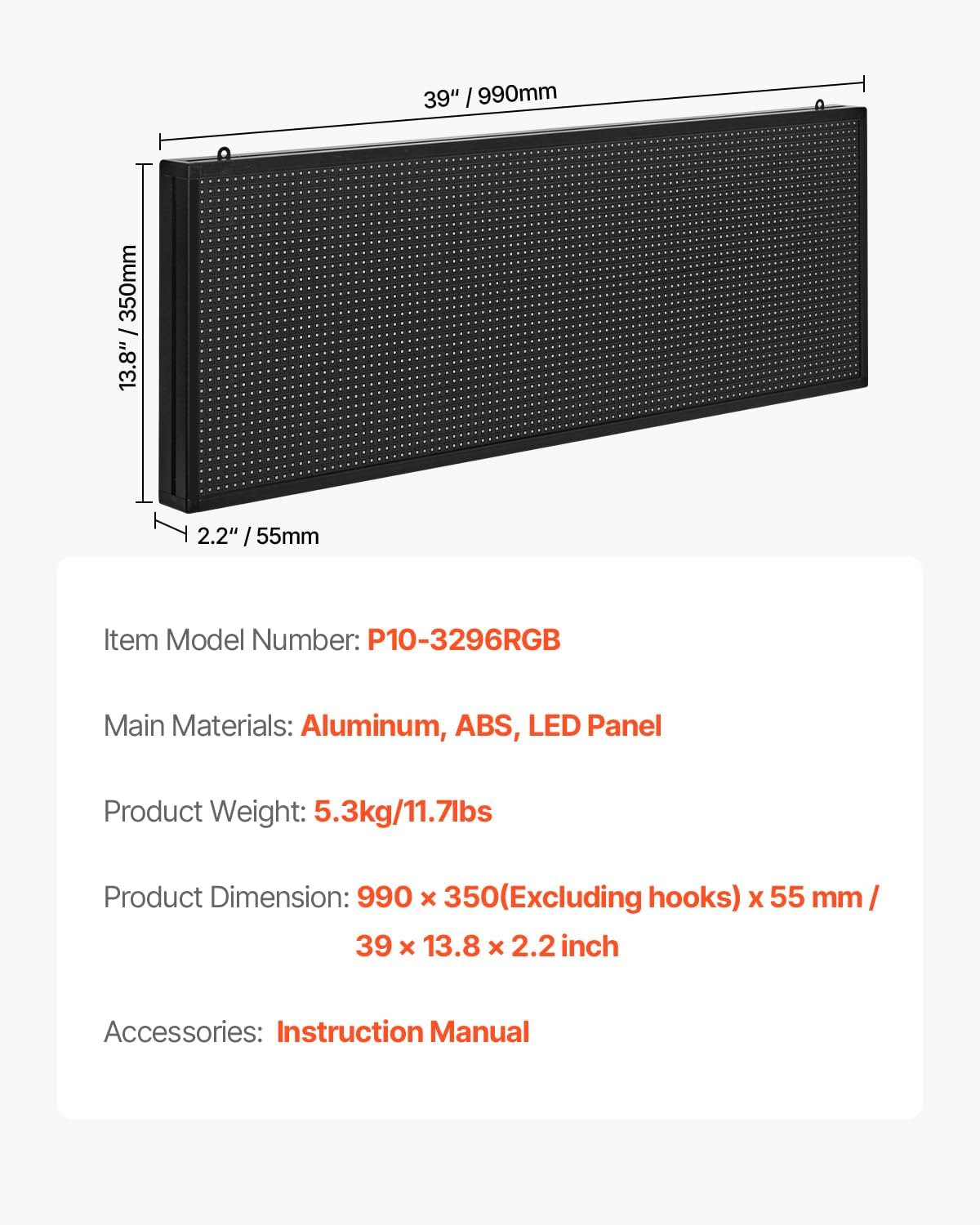 VEVOR Programmable LED Sign, P10 Full Color Flexible Digital Scrolling Panel, DIY Custom Text Pattern GIF Display Board, Bluetooth APP Control Message Shop Sign for Store Business Advertising (40x14 in)