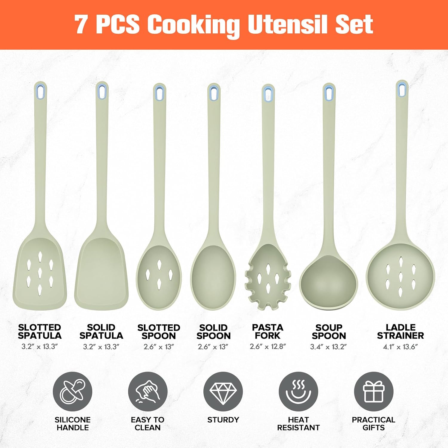 Large Silicone Utensils Set of 7 for Cooking,No Scratch for Nonstick Cookware,Pasta Server,Spaghetti Spoon,Slotted Spoon&Spatula,Solid Spoon&Spatula,Skimmer,Soup Ladle BPA Free Heat Resistant (Green)