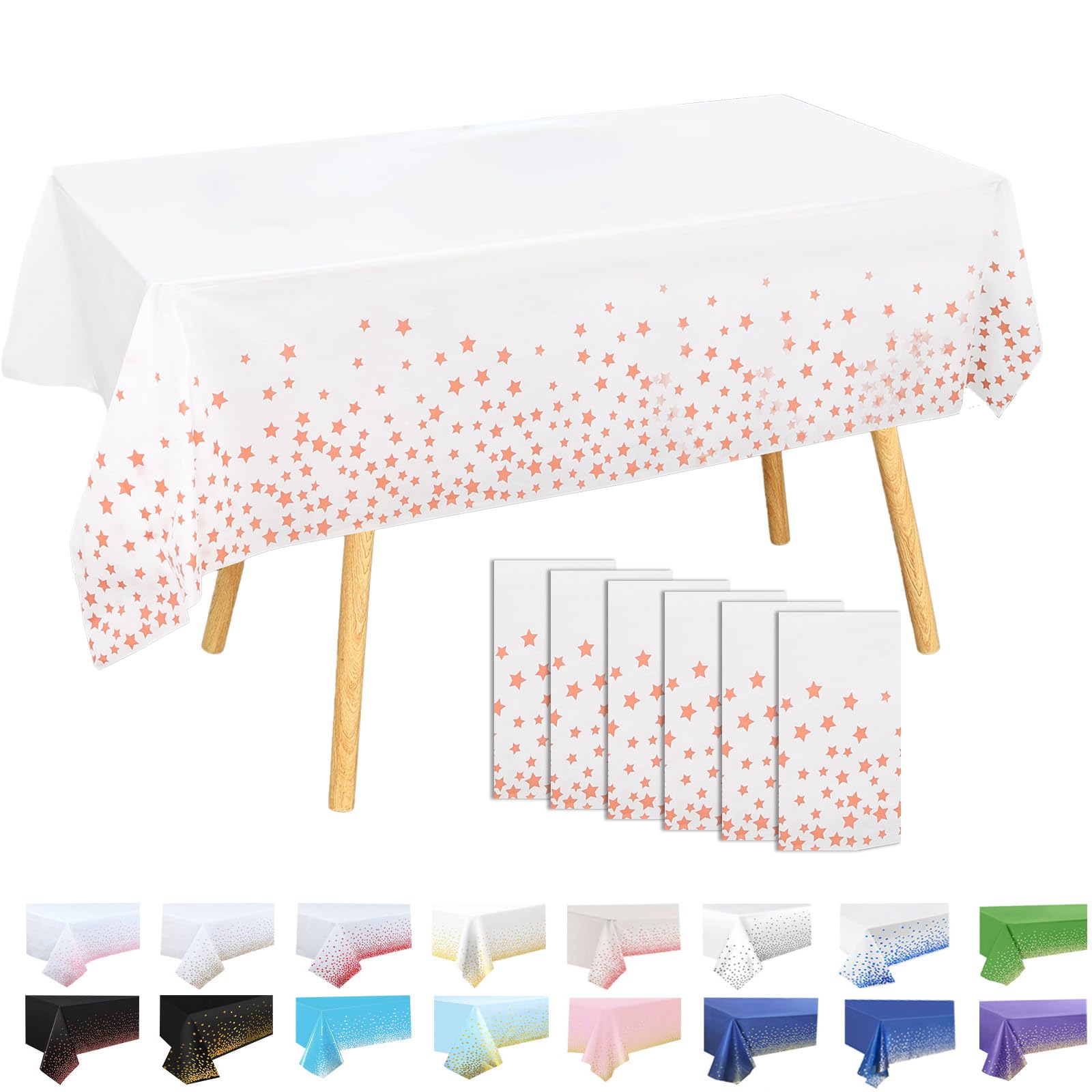 MOMAHUA 6Pcs Weiß und Rot-Roségoldstern Tischdecke, 137x274cm Tischtuch Plastiktischdecke, Rechteckige Tischabdeckung Outdoor Table Cloth für Geburtstag Feste Hochzeiten Halloween Weihnachten Party