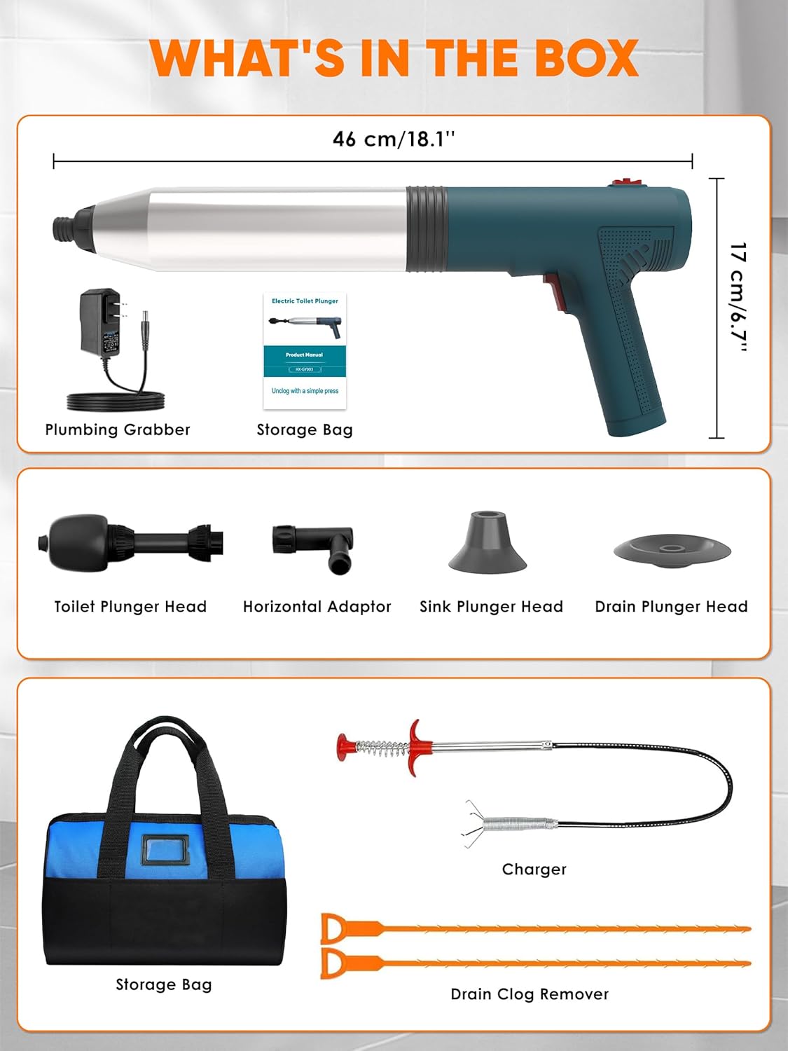 Electric Toilet Plunger Swift High Pressure Drain Unclogger Plungers for Bathroom, Floors, Shower Heavy Duty Versatile Home Toilet Clog Remover