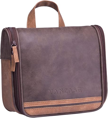 VANCASE - Neceser colgante de cuero vintage para hombre kit de dopp de afeitado tamaño mediano impermeable bolsa de baño de viaje organizador de