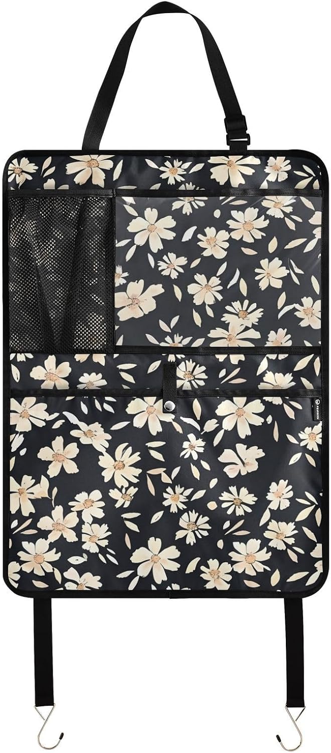 Daisy Floral Flower Car Back Seat Cover Protector for Kids Seat Protector Kick Mat Back Organizers with 3 Pockets, 2 Pcs