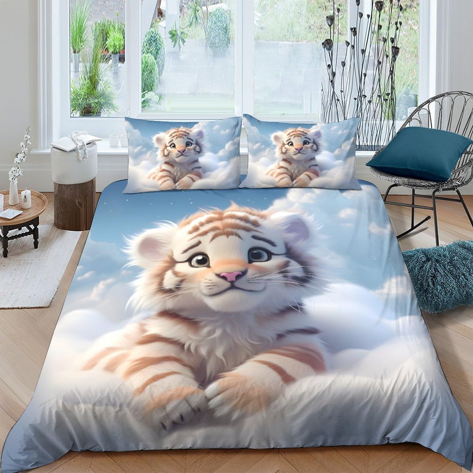 Ctjqhvkz Style-9 3D Printed White Tiger Cloud Fitted Sheet Microfiber Soft Blue Cartoon Mattress Cover For Bedroom Décor Single（135X200cm）