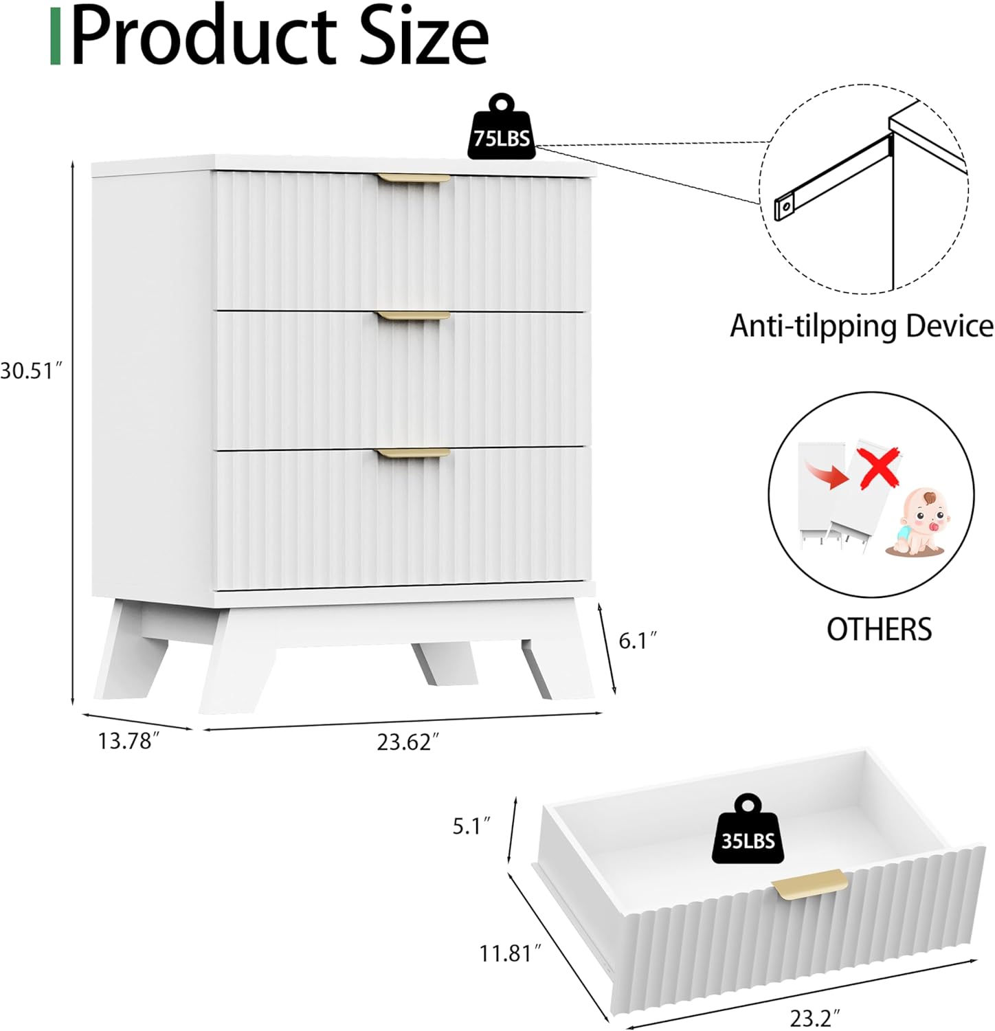 Diagram showing the dimensions of the nightstand and the anti-tipping device, with weight limits for the tabletop and drawers.