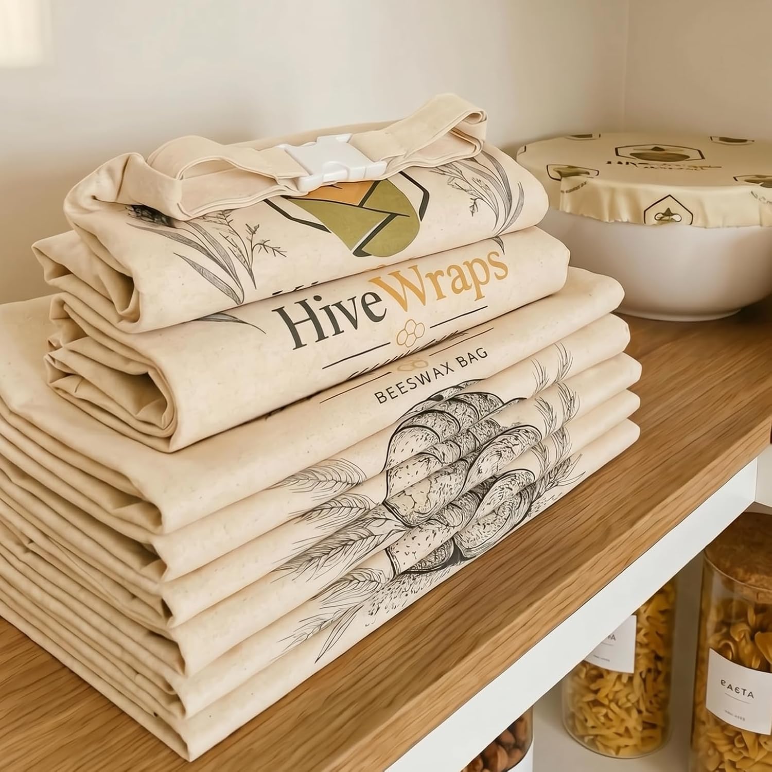 Beeswax Bread Bag, 13x17 Inch Large Storage Bag, 100% Natural Beeswax & Organic Cotton, Reusable Plastic-Free Bread Keeper with Fold-Over Buckle Closure for Homemade & Artisan Bread