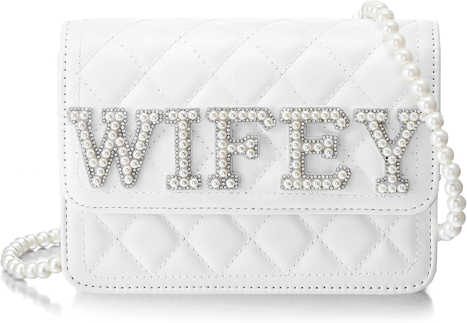 Eccliy Wifey Gift Mrs Bride White Leather Bag with Pearl Chain Clutch Evening Bag for Wedding Anniversary