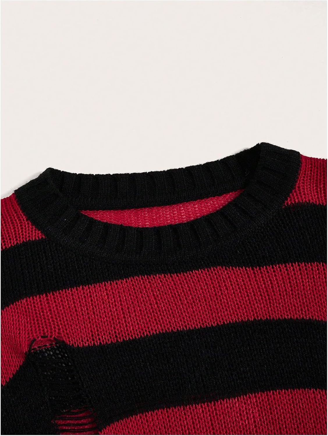 Women's Striped Cropped Sweater Gothic Ripped Crew Neck Bell Long Sleeve Pullover Knit Tops - Image 3