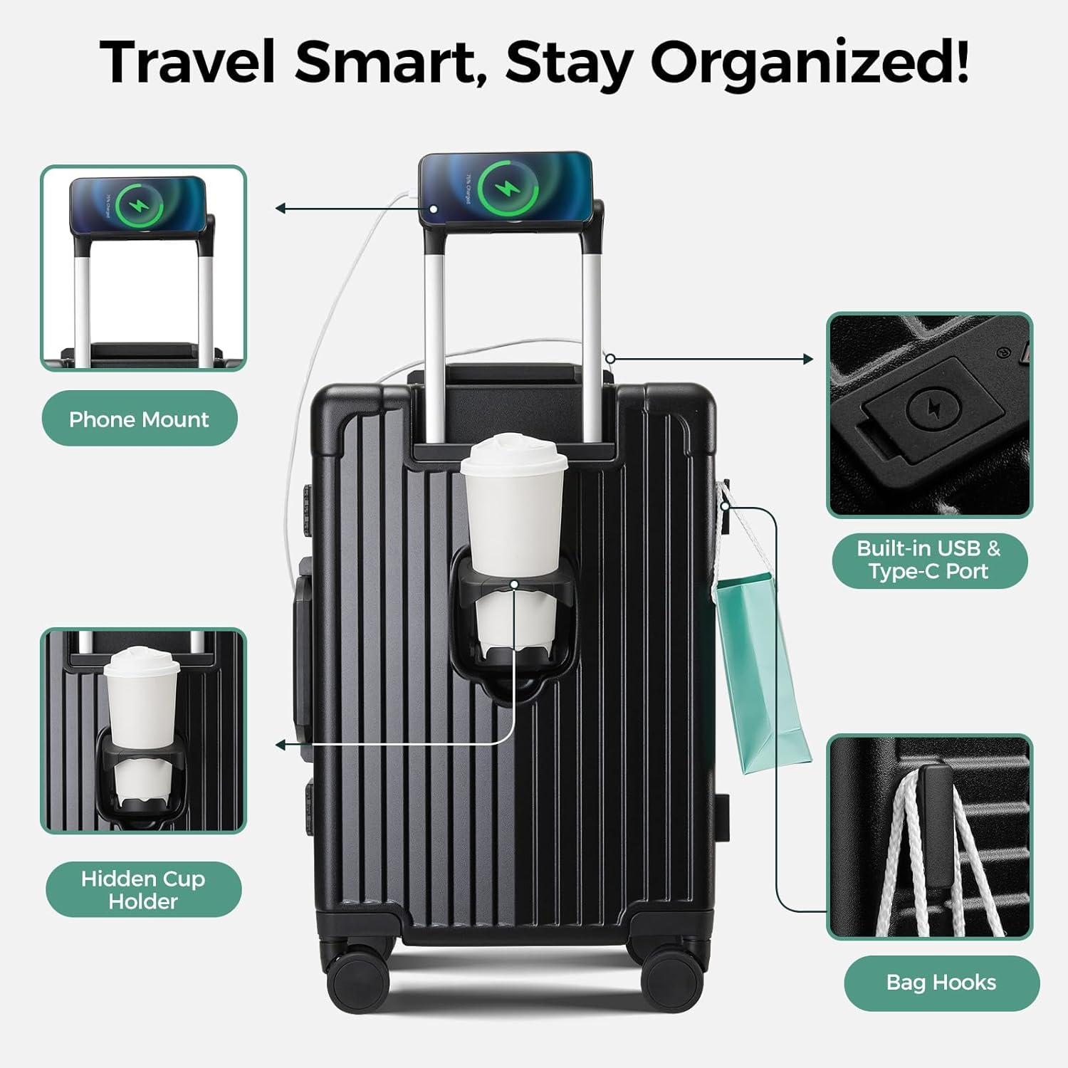 Carry on Luggage Aluminium Frame with Cup Holder,Top opening Suitcases and USB Charging Port,Lightweight with Front Pocket Rolling Suitcases with Spinner Wheels (Black, 20Inch)