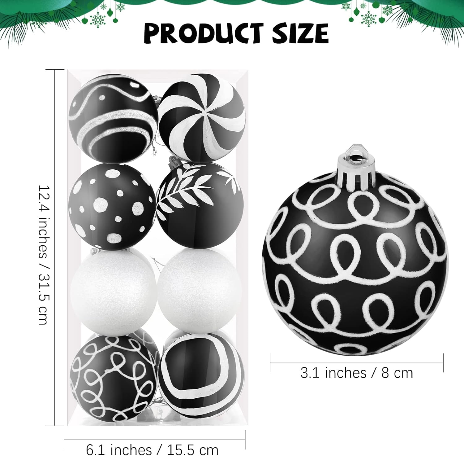 Condition photo showing New/Like New for MCEAST 16 Pieces 3.15 Inches Christmas Balls Christmas Tree Pendants Shatterproof Decorative Baubles Balls for Christmas Tree Decoration, Black, White 3.15 Inches Black,white