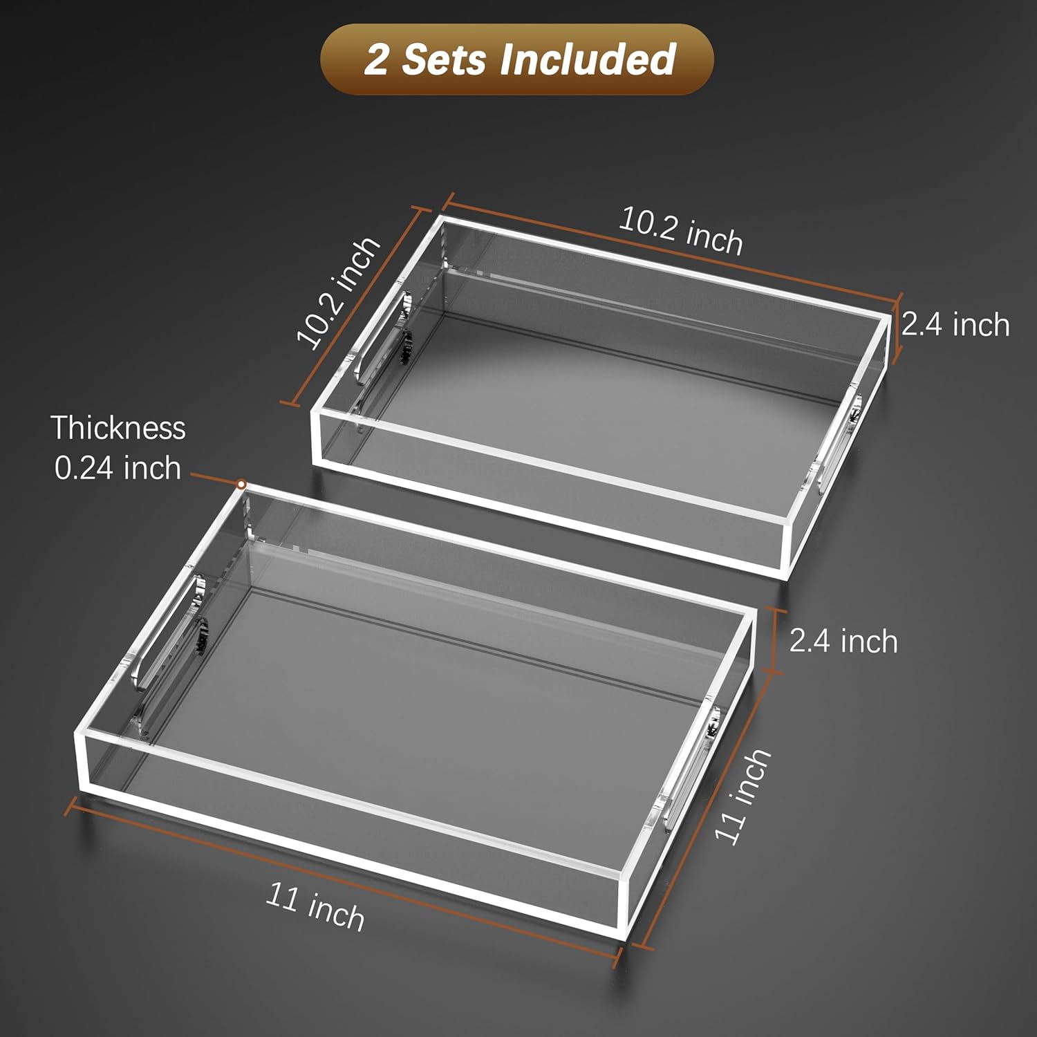 2 Pack Clear Serving Trays with Handle 11X11 -Lucite Acrylic Tray Set for Serving Food- 6mm Thick Small Stackable Bathroom Organizer-(11x11X2.4,10.2x10.2X2.4) - Image 4