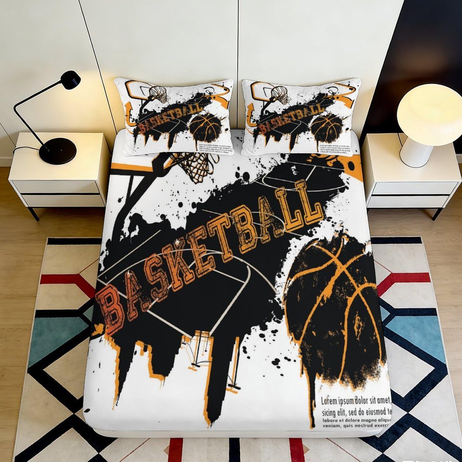 3D Printed Basketball Graffiti Fitted Sheet Microfiber Soft Sports Bed Cover for Bedroom Guestroom Mattress Protection Decor 90x200x25cm