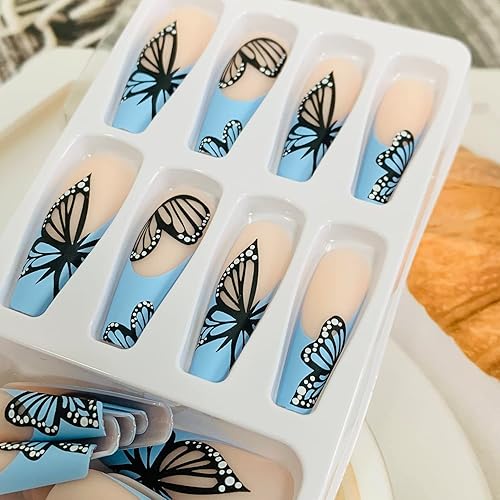 Miniatura 4 de Uñas postizas a presión de longitud cuadrada larga, cobertura completa, reutilizables, uñas postizas de bailarina, uñas adhesivas con diseños de