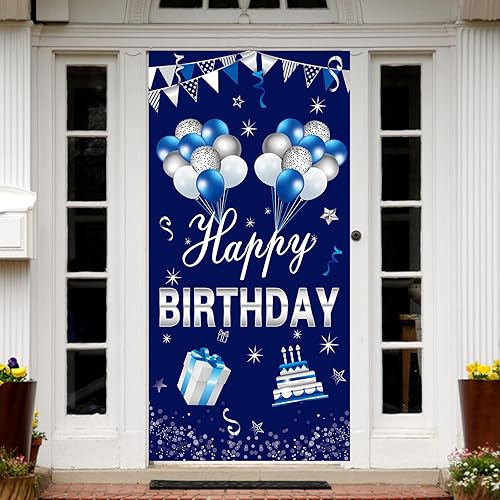 Miniatura 5 de Cartel de feliz cumpleaños azul plateado para puerta para hombres y niños, suministros de fiesta de cumpleaños 16, 21, 30, 40, 50, 60 cumpleaños,