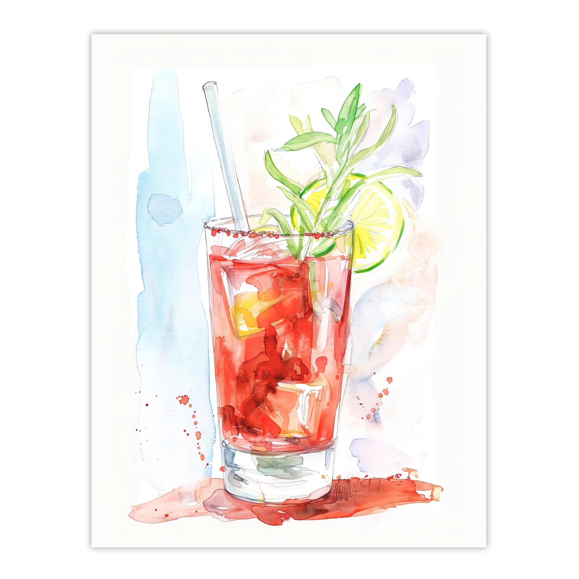 Artery8 Watercolour Bloody Mary Cocktail Art Print - Red - W18" x H24"