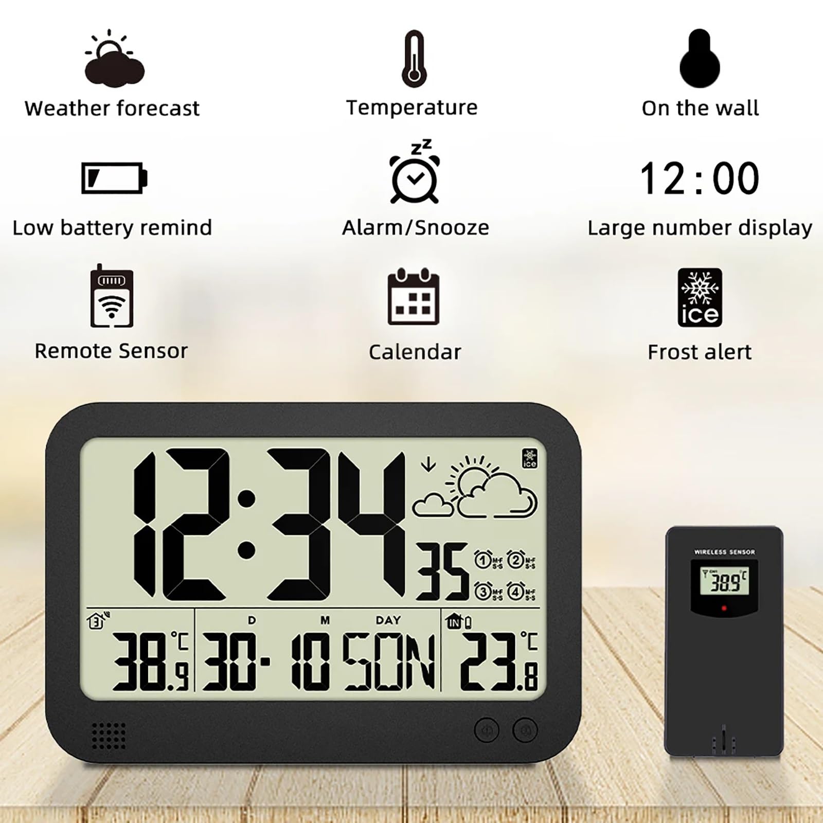 Orologio da parete con stazione meteorologica, allarme digitale, orologio elettronico, temperatura, orologi da parete a batteria o orologi da scrivania per camera da letto, soggiorno, ufficio