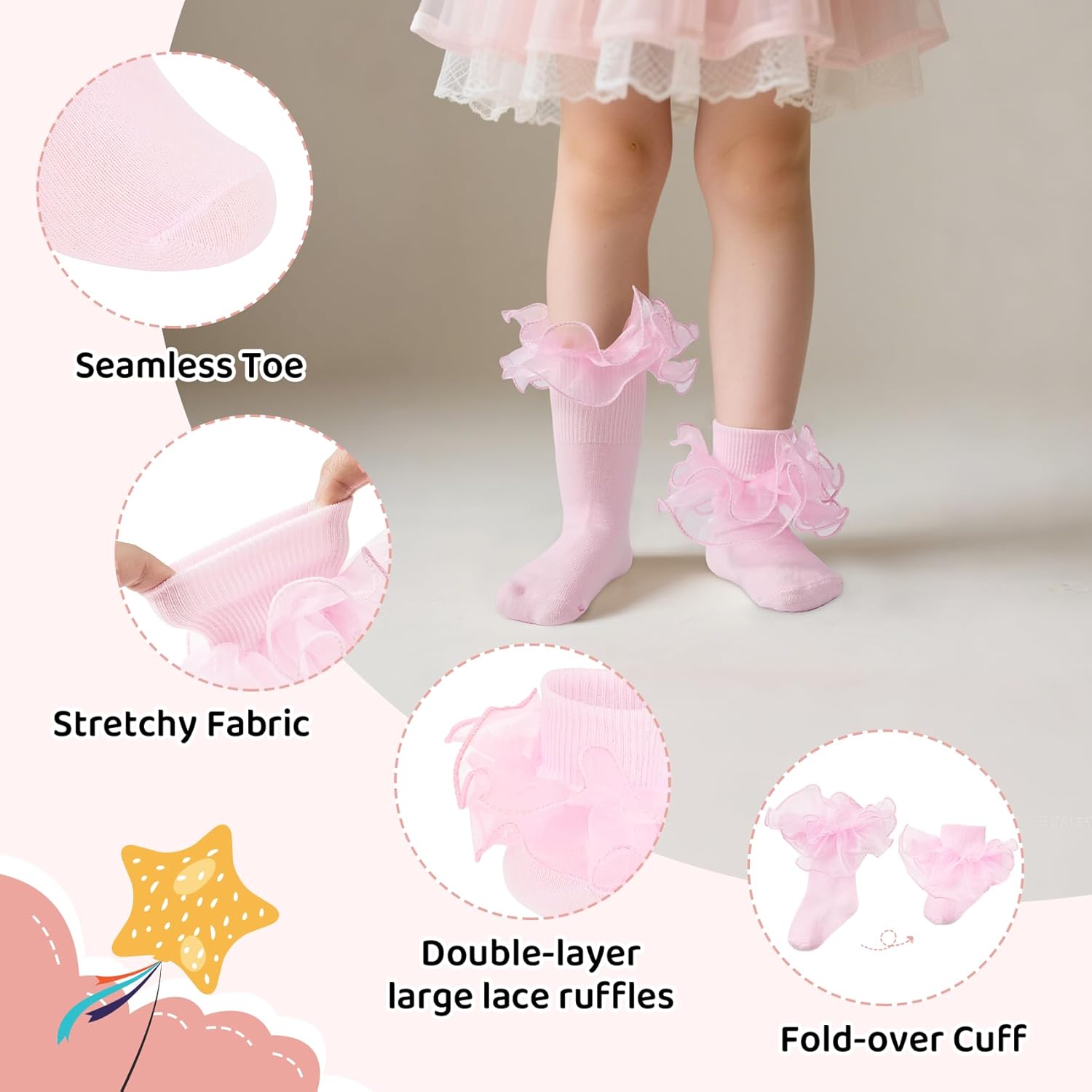 Durio Girls Ruffle Socks Toddler Baby Girl Socks With Big Double Lace Colorful Frilly Dress Socks for Toddler Girls Kids - Image 4