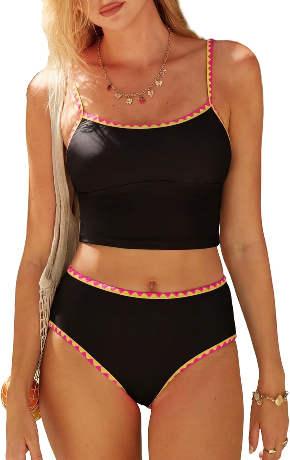 ZAFUL Tankini Swimsuit for Women High Waisted Swimwear Tummy Control Color Contrast Two Piece Bathing Suits