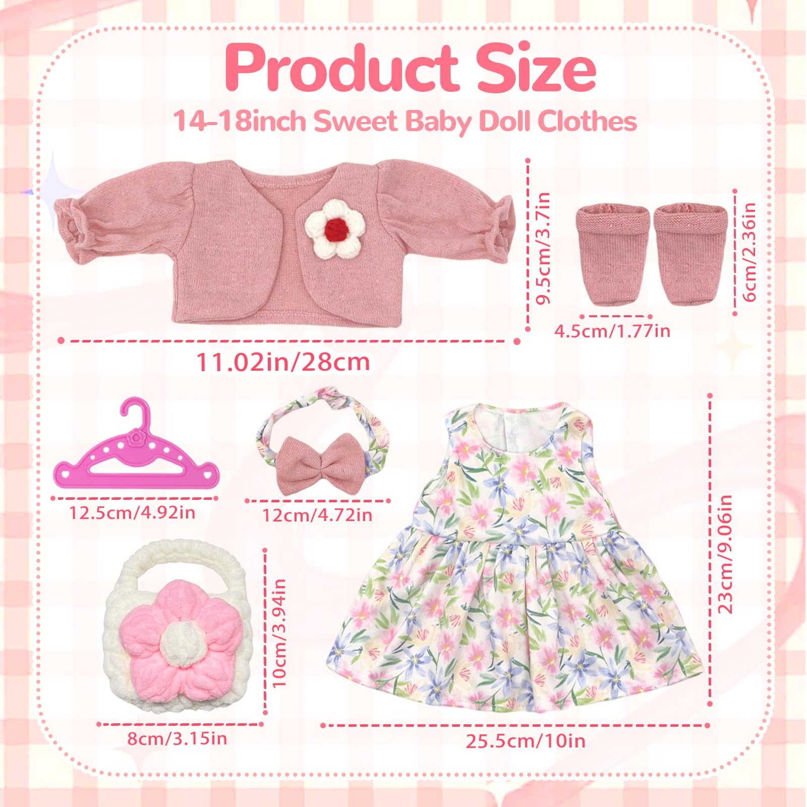 6 sztuk ubranek dla lalek 35-43 cm, słodkie, świeże ubranka dla niemowląt, lalki dla dzieci o długości 35-17 cali, z sukienką, płaszczem, opaską na czoło, torebką, wieszakiem, skarpetkami, ubraniami