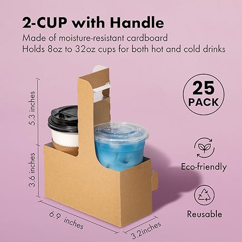 Miniatura 2 de Paquete de 250 Portabebedas de 2 tazas con asa portadores de bebidas con mango de cartón kraft de 12 a 30 oz para llevar para portavasos comida para