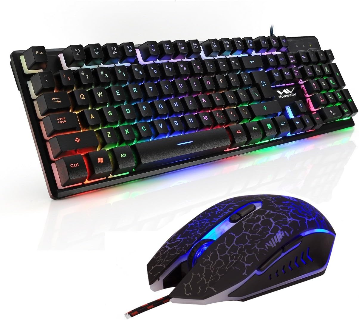 HonWally Wired Gaming Keyboard & Mouse Combo Bundle with Rainbow Color Backlit for game or in office work with PC MAC