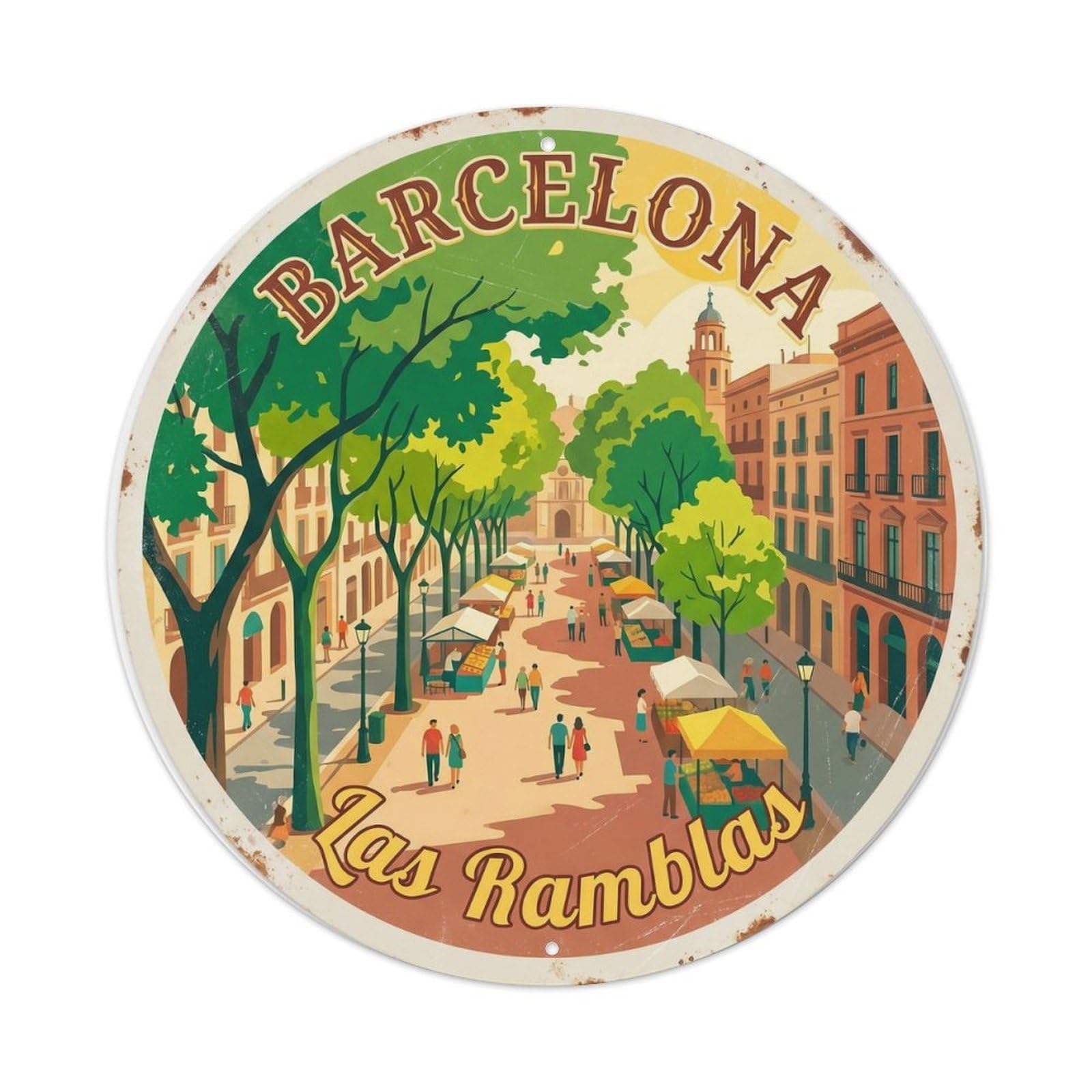 Vintage Travel Barcelona Ramblas Street Metal Tin Sign Plaque Wall Decor for Cafe, Club Bar, Office, Home Garden Round Metal Poster 8x8Inch