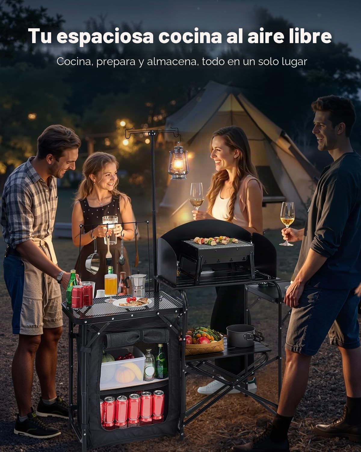 VEVOR Mesa de Cocina para Acampar al Aire Libre, de Aluminio, con Armario de Almacenamiento, Bolsa de Transporte, Parabrisas Desmontable, Apto para Barbacoa, Fiesta, Pícnic, Viajes en RV, Negro