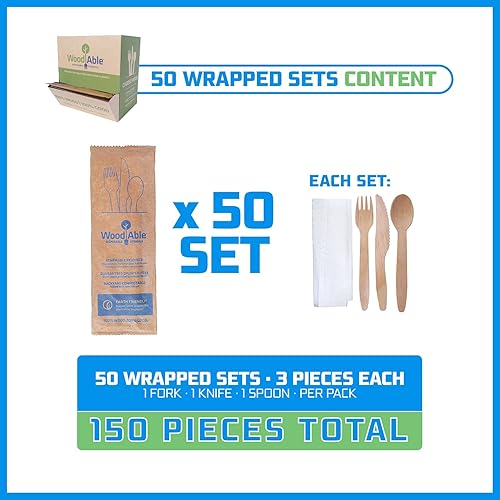 Miniatura 2 de WOODABLE Juego de cubiertos de madera envueltos desechables y compostables, ecológicos, sostenibles, orgánicos, biodegradables, veganos, 50 paquetes
