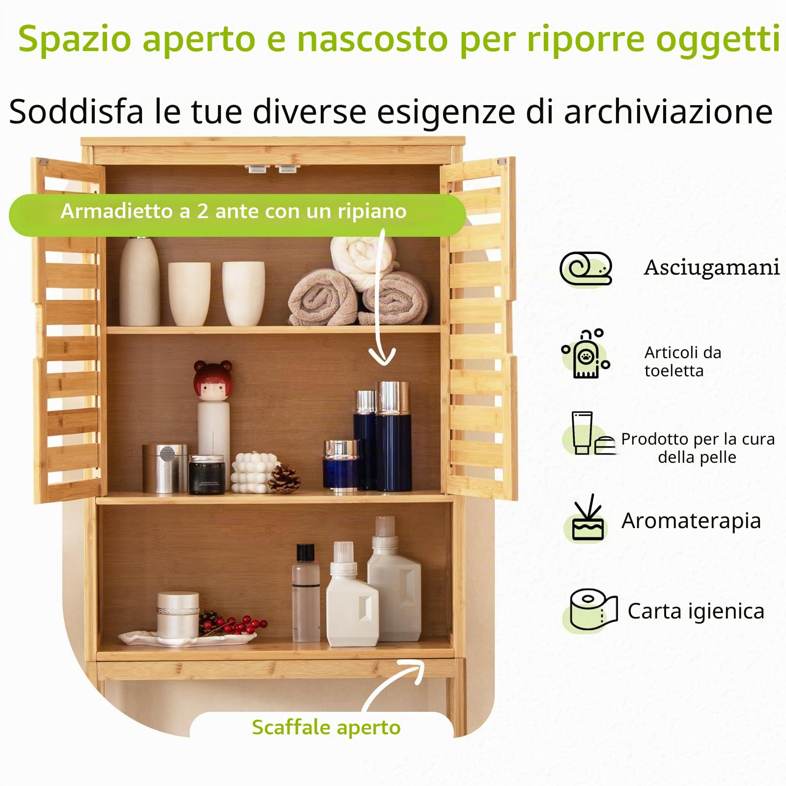 LIFEZEAL Mensola per WC in bambù, con 2 ante e ripiano aperto, armadietto autoportante per lavatrice, asciugatrice, armadietto per WC, bagno