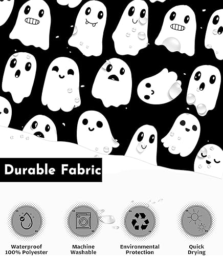 Miniatura 7 de Cortina de ducha de Halloween, bonita cortina de ducha de fantasma, fantasma, impermeable, juego de cortina de baño con 12 ganchos para decoración