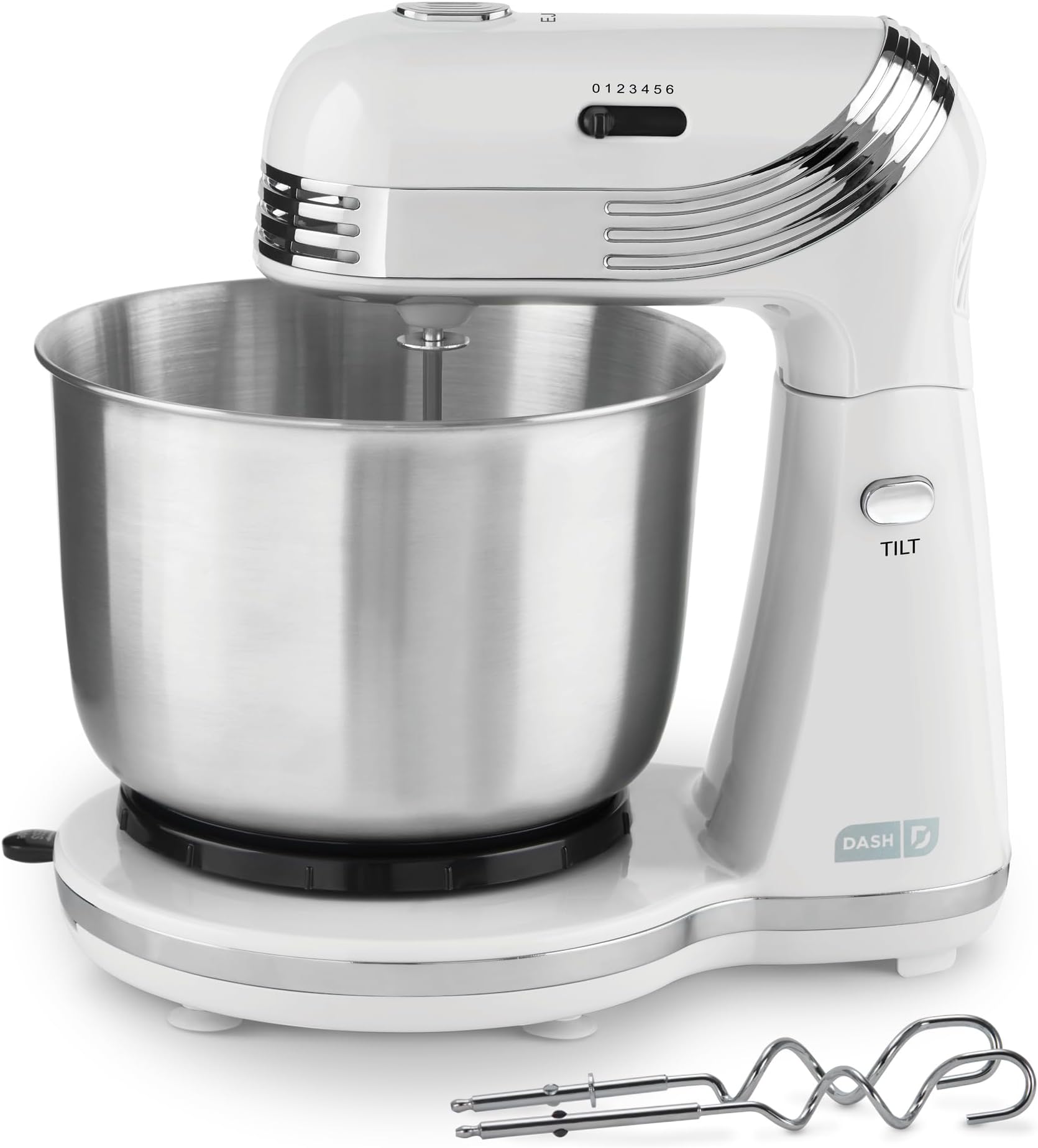 Dash Stand Mixer (Electric Mixer for Everyday Use): 6 Speed Stand Mixer with 3 qt Stainless Steel Mixing Bowl, Dough Hooks & Mixer Beaters for Frosting, Meringues & More - White