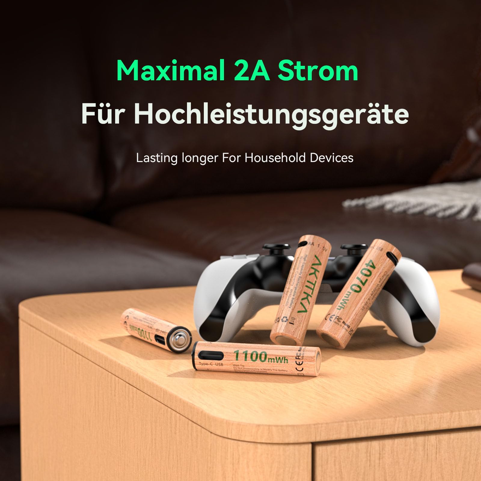 Wiederaufladbare Lithium-Batterien AA AAA 1,5 V, 4× AA 4070 mWh + 4× AAA 1100 mWh, 5V/2A Laden, USB-C Direktladung mit 1-zu-4 Ladekabel, für Fernbedienung, Waage, Thermometer, Gamecontroller