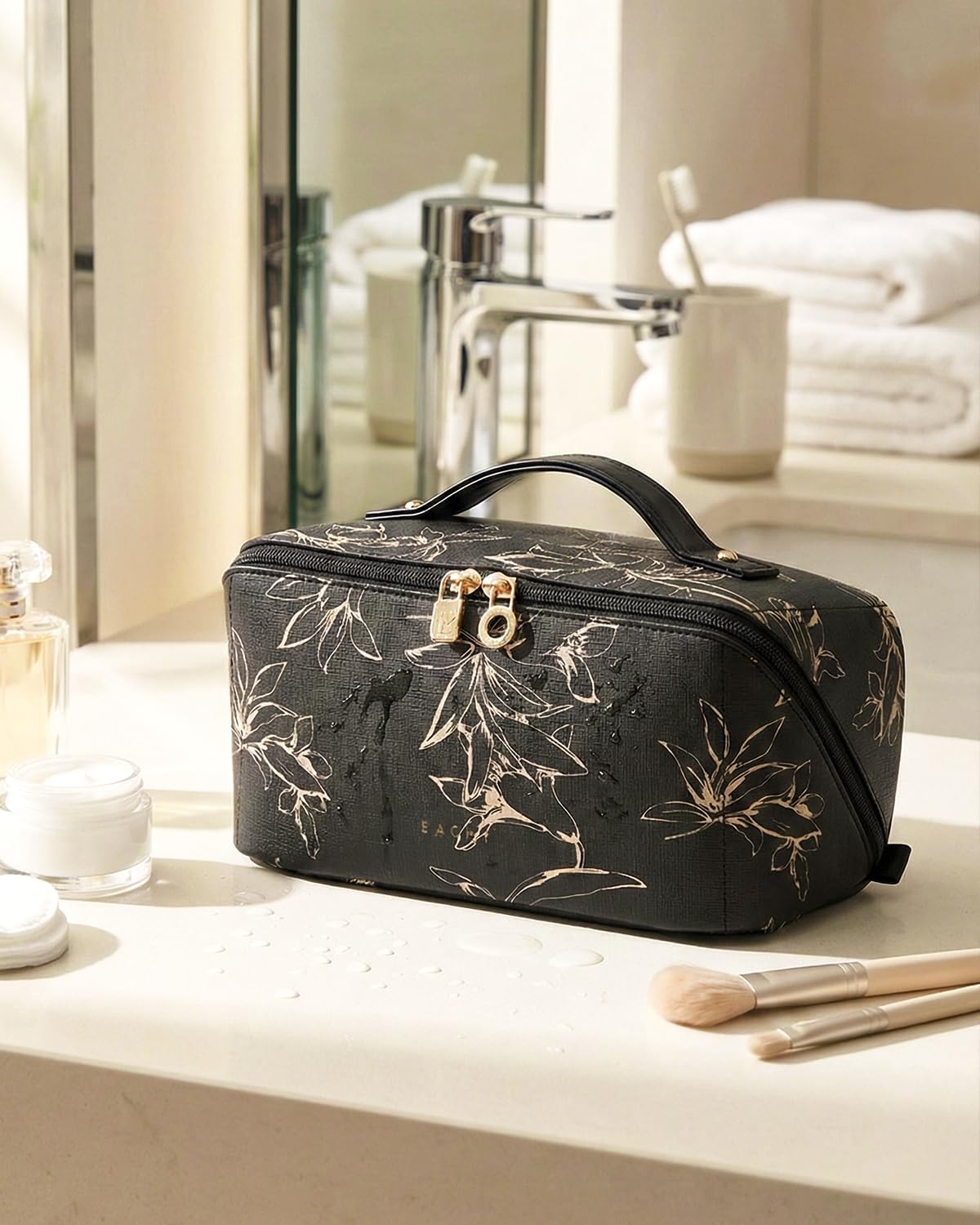 EACHY Travel Makeup Bag, Large Capacity Cosmetic Bags for Women, Waterproof Portable Pouch Open Flat Toiletry Bag Pattern Make up Bag (F-Black) - Image 8