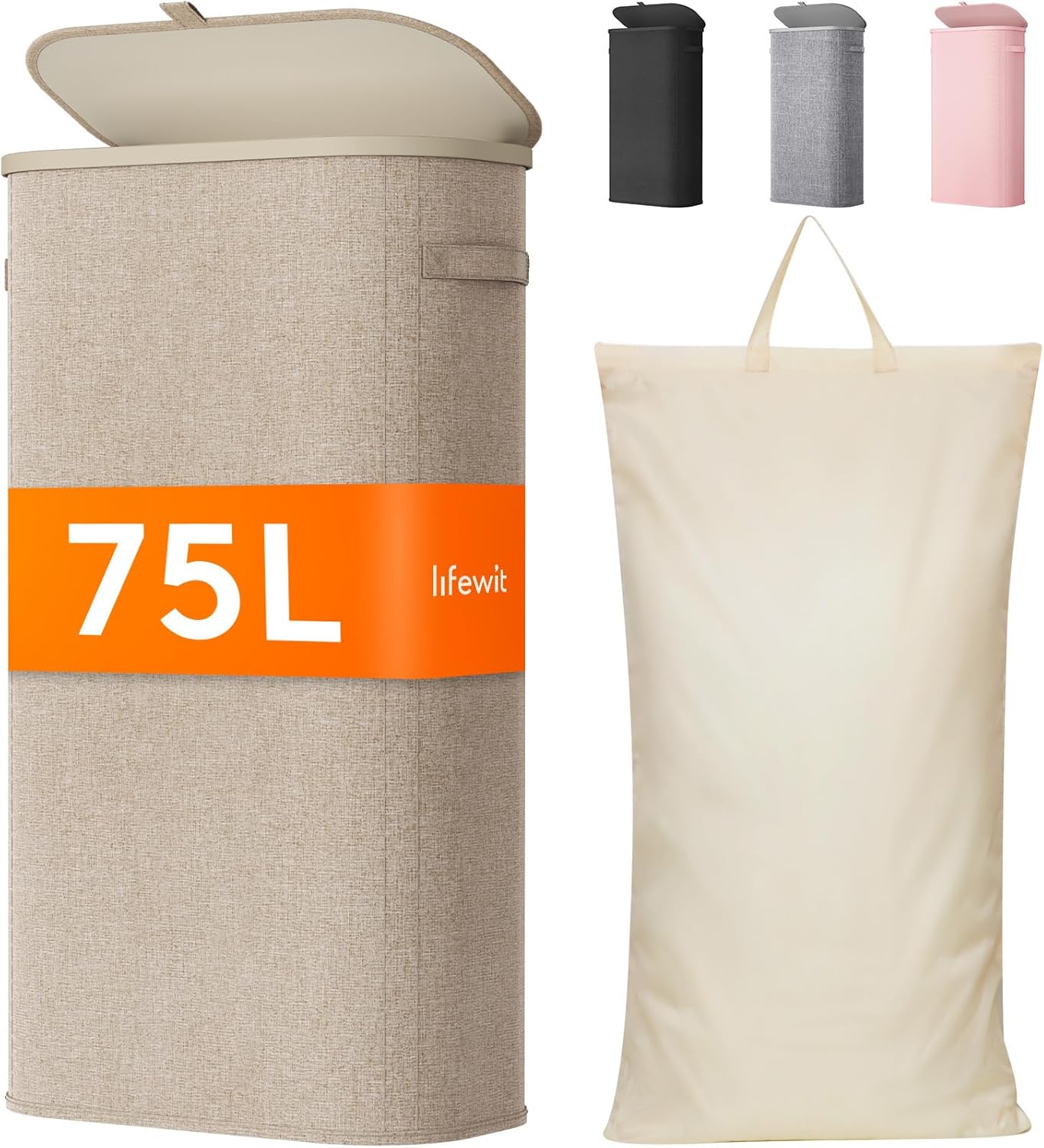 Lifewit 75L Slim Laundry Basket with Lid, Narrow Large Laundry Hamper with Plastic Handles and Removable Bag, Tall Foldable Dirty Clothes Hampers for Laundry Room, Bedroom, Bathroom, Dorm, Beige