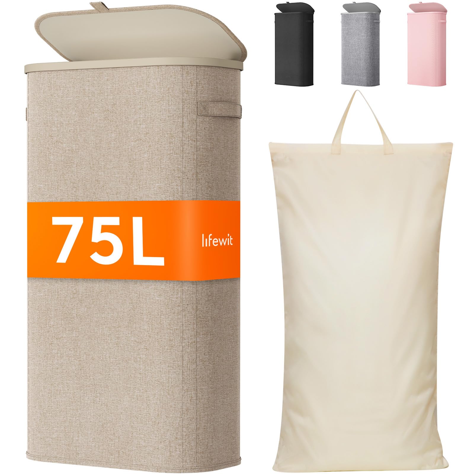 Lifewit 85L Laundry Basket with Lid, Large Laundry Hamper with Plastic Handles and Removable Bag, Foldable Tall Dirty Clothes Hampers for Laundry for Laundry Room, Bedroom, Bathroom, Dorm, Beige — view 13