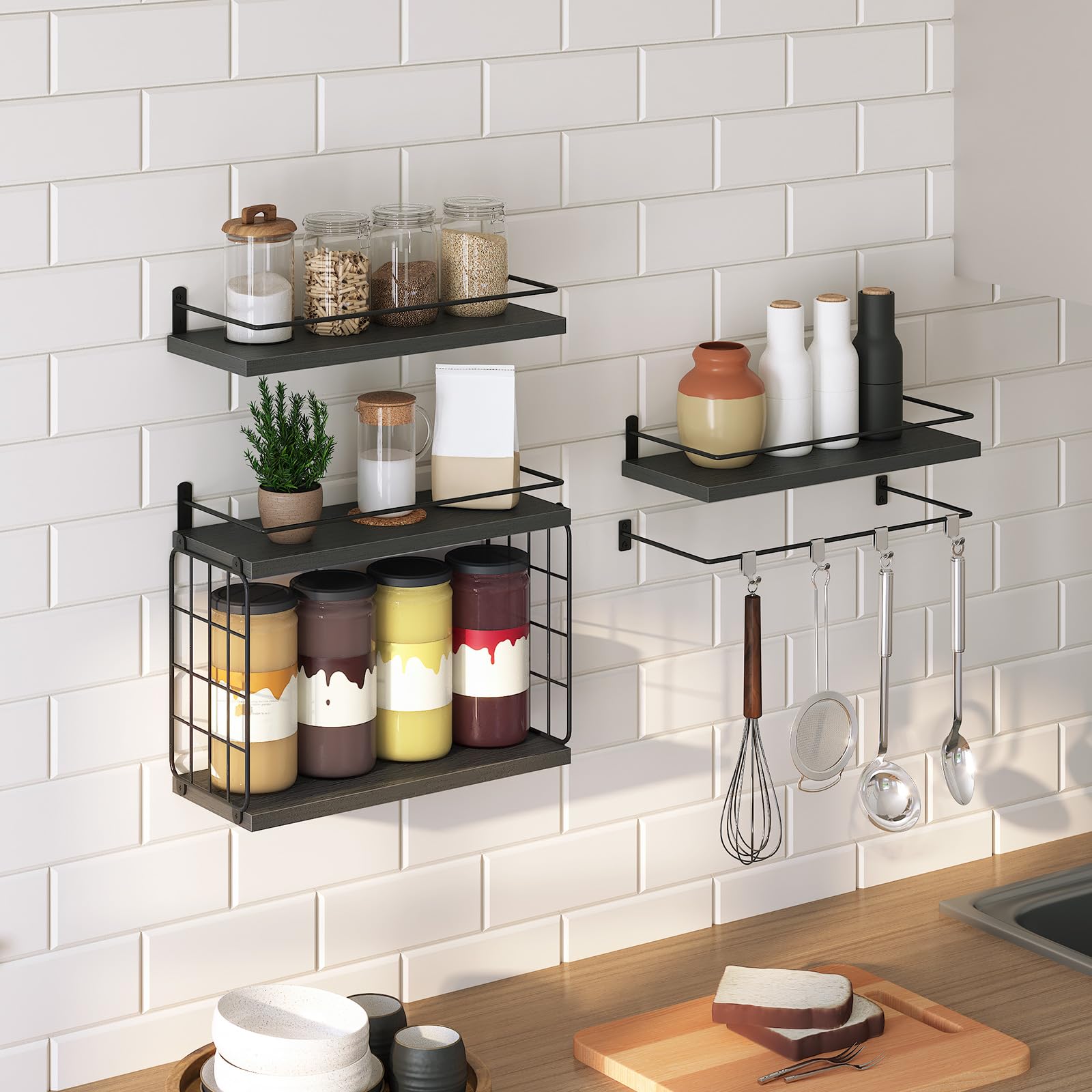 HOOBRO 4+1 Tier Floating Shelves, Bathroom Shelves Over Toilet with Wire Storage Basket, Wall Mounted Floating Shelf for Wall Decor, Wall Shelf for Bedroom Living Room Kitchen Black BK30BJ01