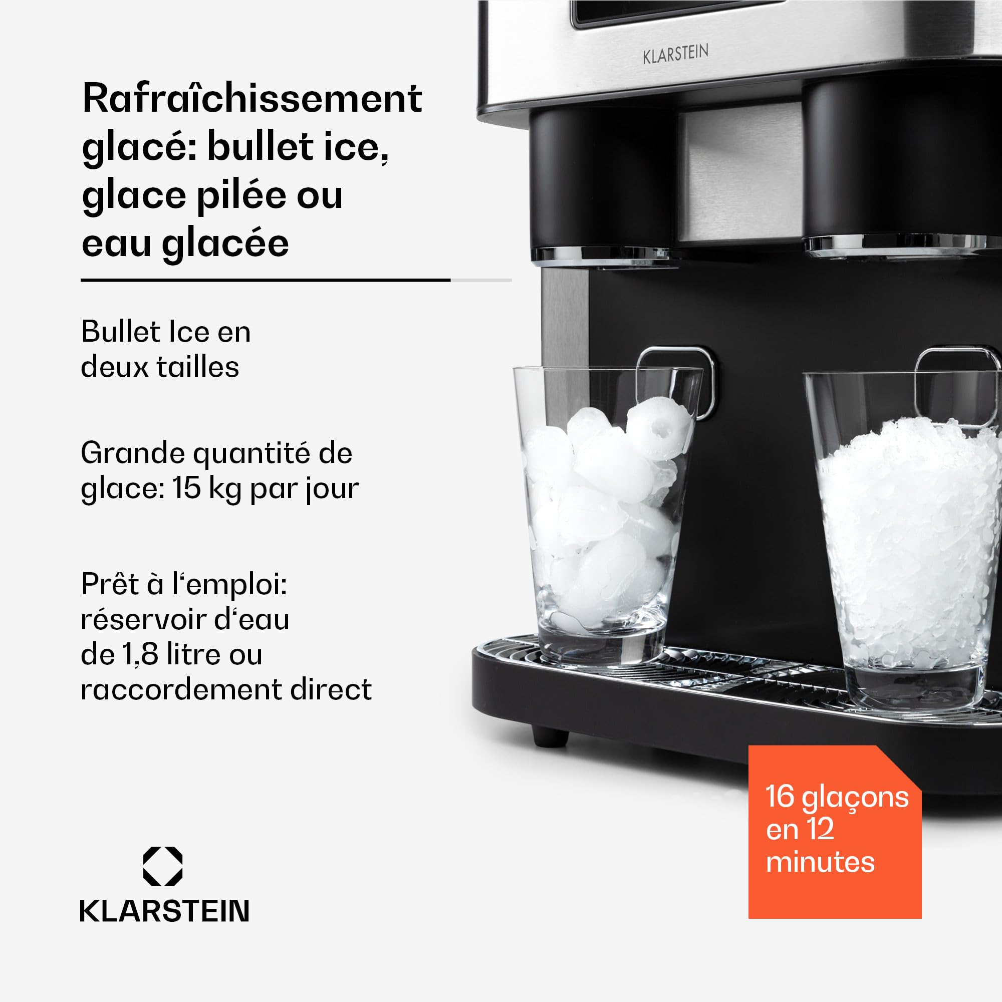 Klarstein Machine a Glacons pour la Maison, Capacité de 1.8L, Fabrique Rapidement Jusqu'à 15kg de Glacons Concassée ou en Balles, Machine à Glaçons, Ice Maker avec Alarme, Machine Facile à Nettoyer