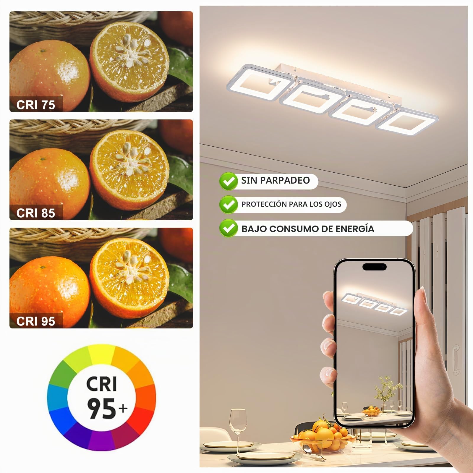 Lámpara de techo LED regulable (69 cm, con mando a distancia, 3000-6500 K, 4 cuadrados, plata, lámpara de techo para pasillo, comedor, dormitorio, oficina, cocina, salón