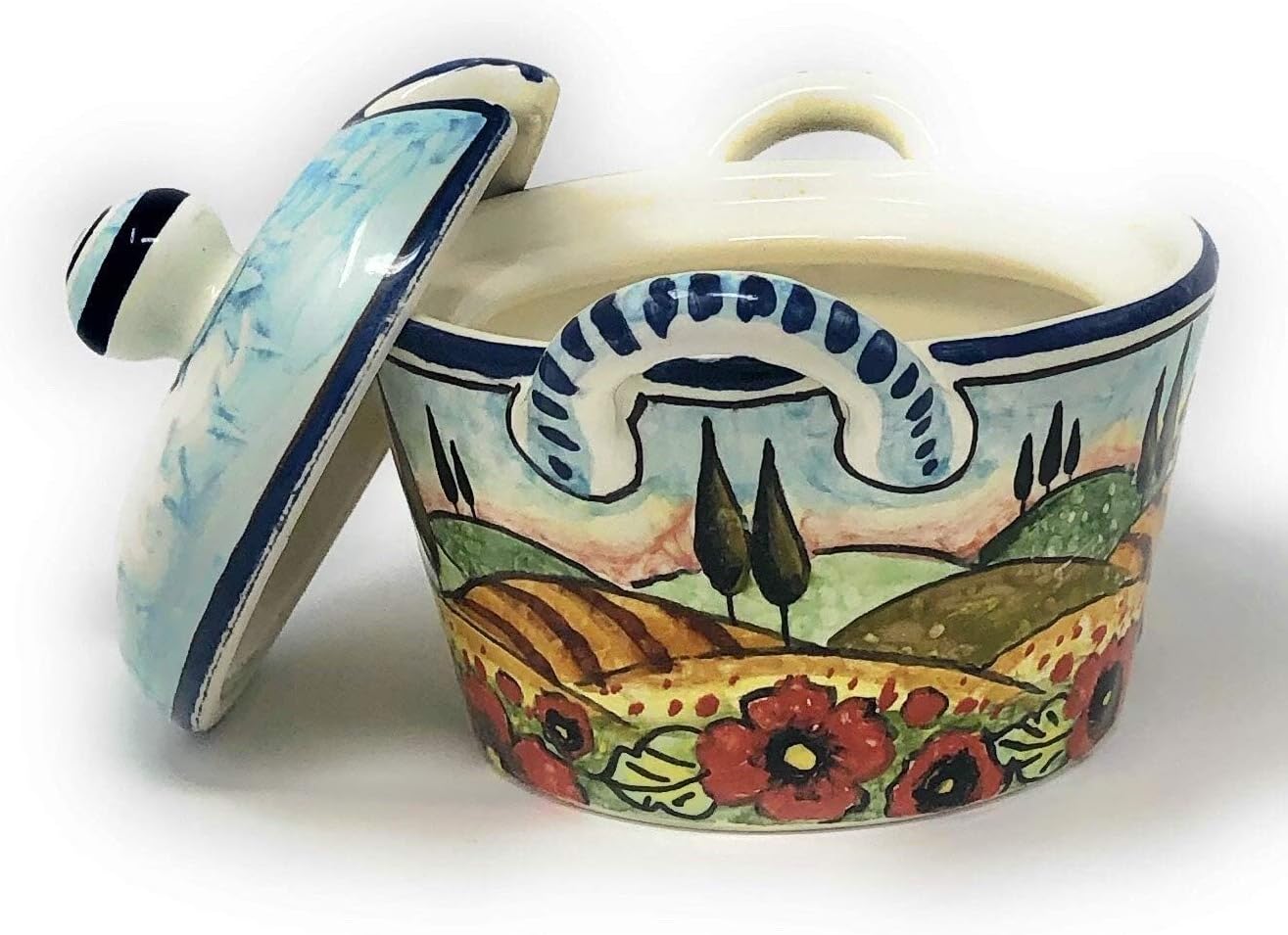 CERAMICHE PARRINI - Italian Ceramic Art Sugar - Cheese Bowl Pottery Decorated Landscape Tuscan Poppies Hand Painted Made in ITALY