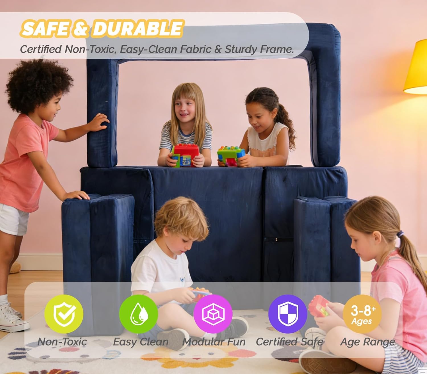 Original Modular Kids Play Couch – 7-Piece Premium Soft Foam with Slide for Open Ended Imaginative Play, Washable & Removable Cover Playroom, CertiPUR-US & for Toddlers Ages 1-6(Sapphire blue) | Open Ended Play, Fort Building, Convertible Sofa, Easy to Clean, Ideal for Playroom, Slide