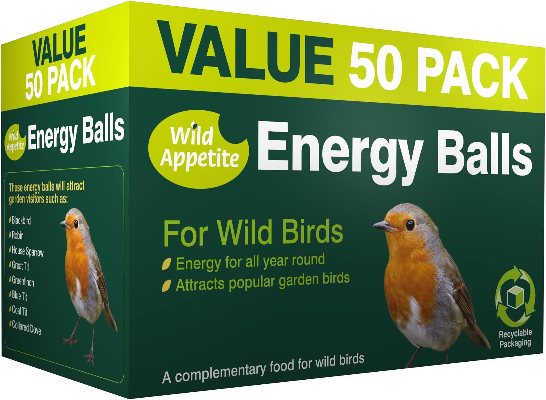 Peckish Natural Balance Energy Suet Fat Balls for Wild Birds, 50 Tub