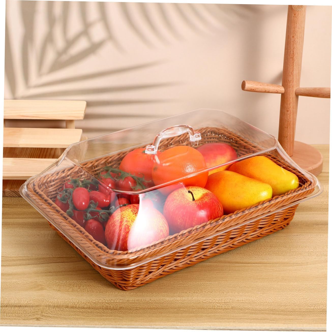 Imitation Rattan Bread Basket with Lid Woven Storage Container for Bread Fruits Snacks for Kitchen Restaurant Picnic Resistant and Practical Serving Tray
