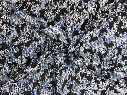 Minerva Blue on Black Deadstock Sequin Velvet Stretch Knit Fabric for Dressmaking - 132cm Wide - per metre