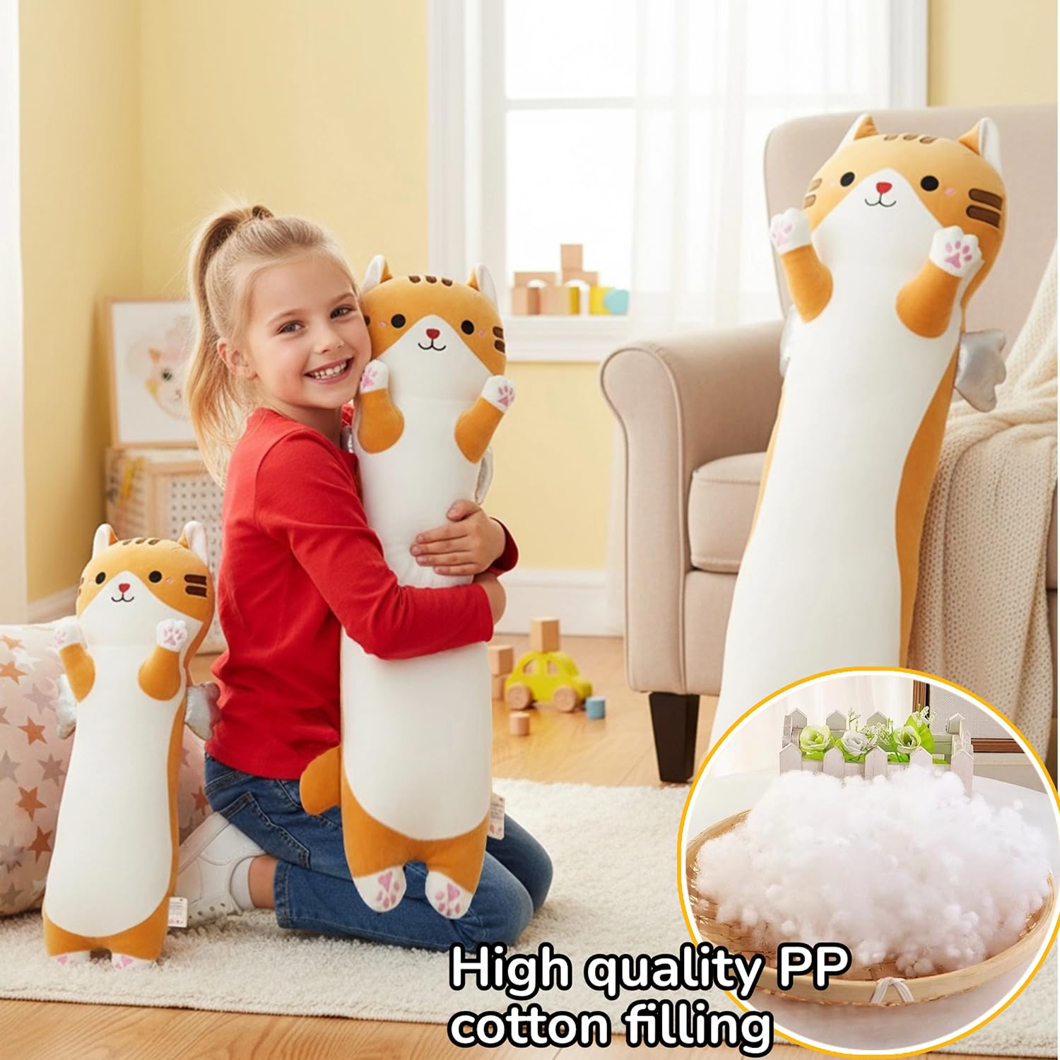Animali di peluche, cuscino lungo, XXL, con ali e gatti, morbido gatto Kawaii, grande peluche per bambini e adulti (giallo, 110 cm