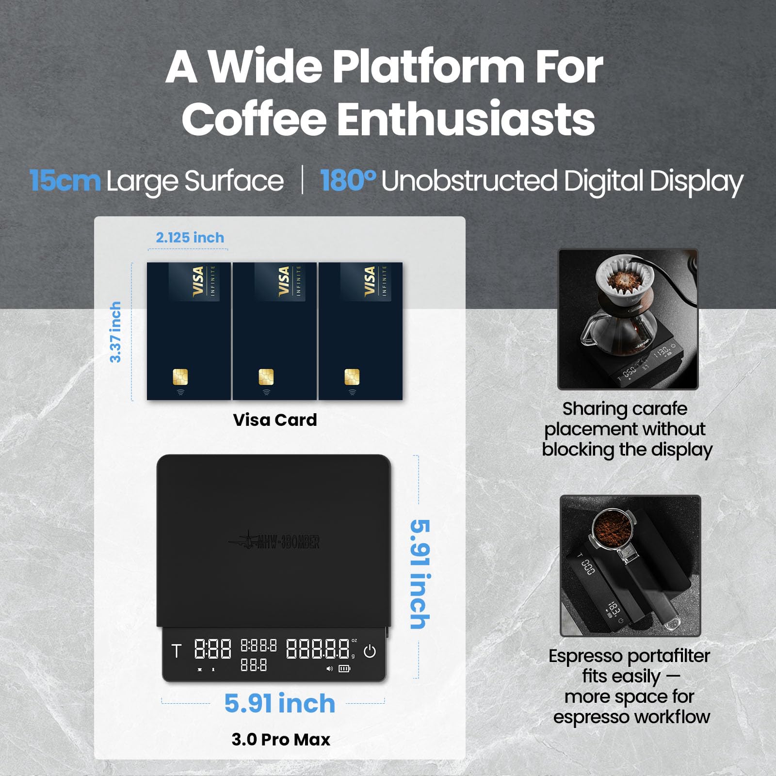 MHW-3BOMBER Grande balance à café avec minuterie, balance numérique à bec verseur avec débit, expresso précise de 2 kg/0,1 g, 3 modes, rechargeable en grain